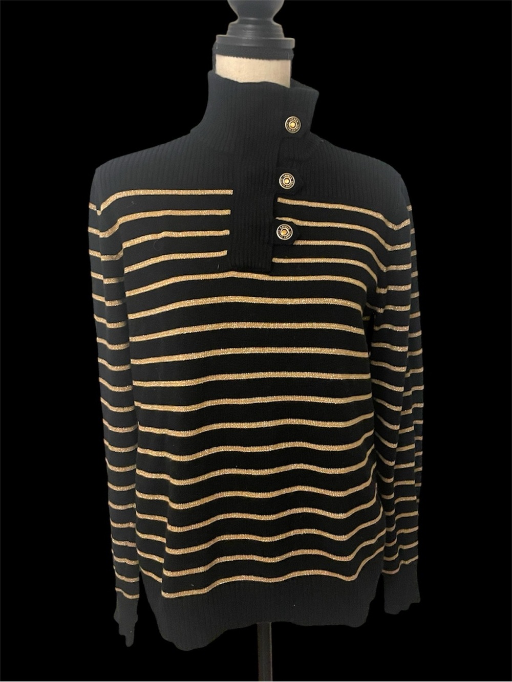 Ralph Lauren Black Sweater with Gold Striped Knit and Button Placket